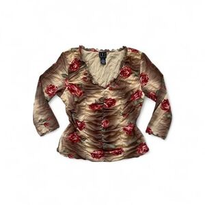 VTG y2k floral ruffle‎ ruched fairy 3/4 sleeve v neck blouse L